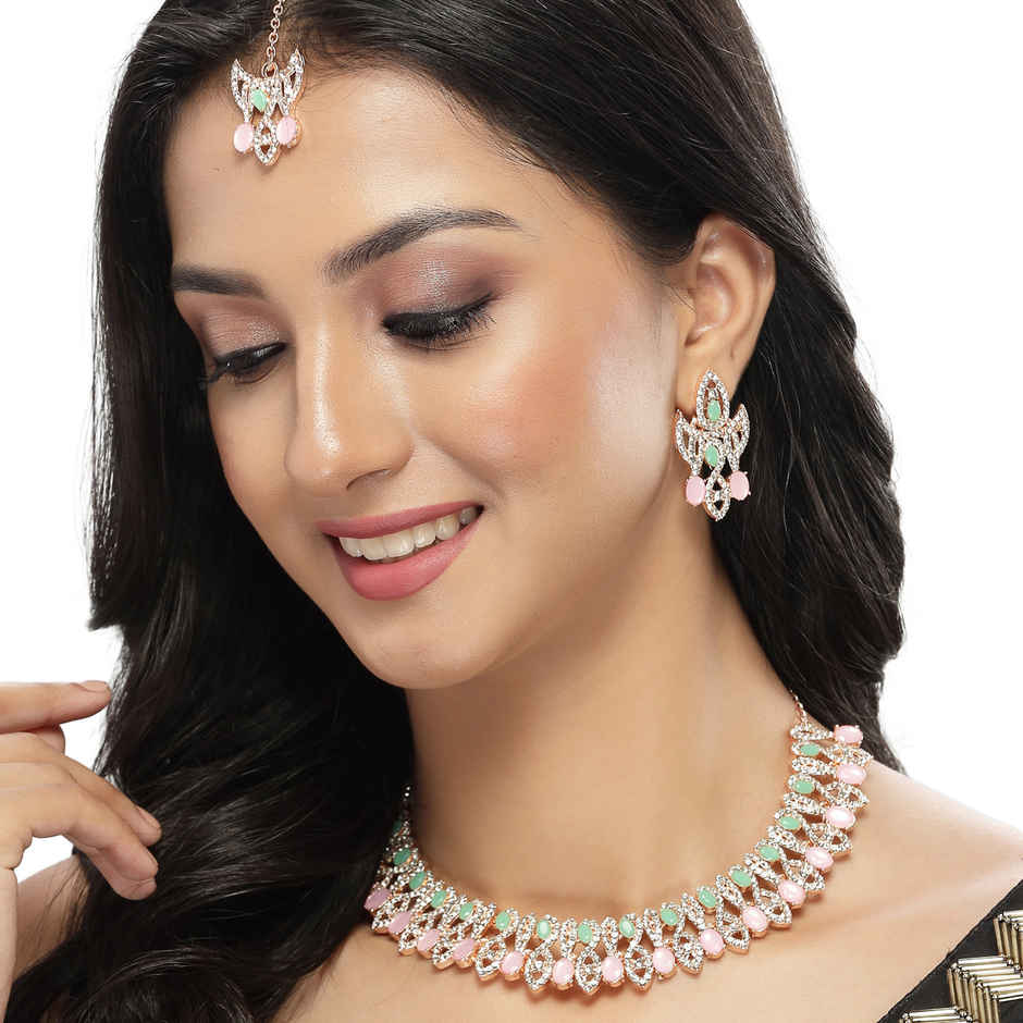 Sukkhi Drop-Dead Gold Plated Pink & Mint Green Stone Studded Choker Necklace Set