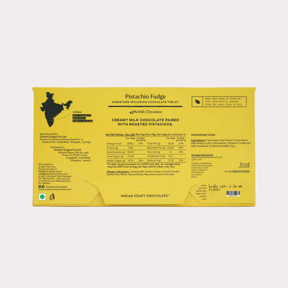 Manam Chocolate Pistachio Fudge Inclusion Tablet | 45% Milk