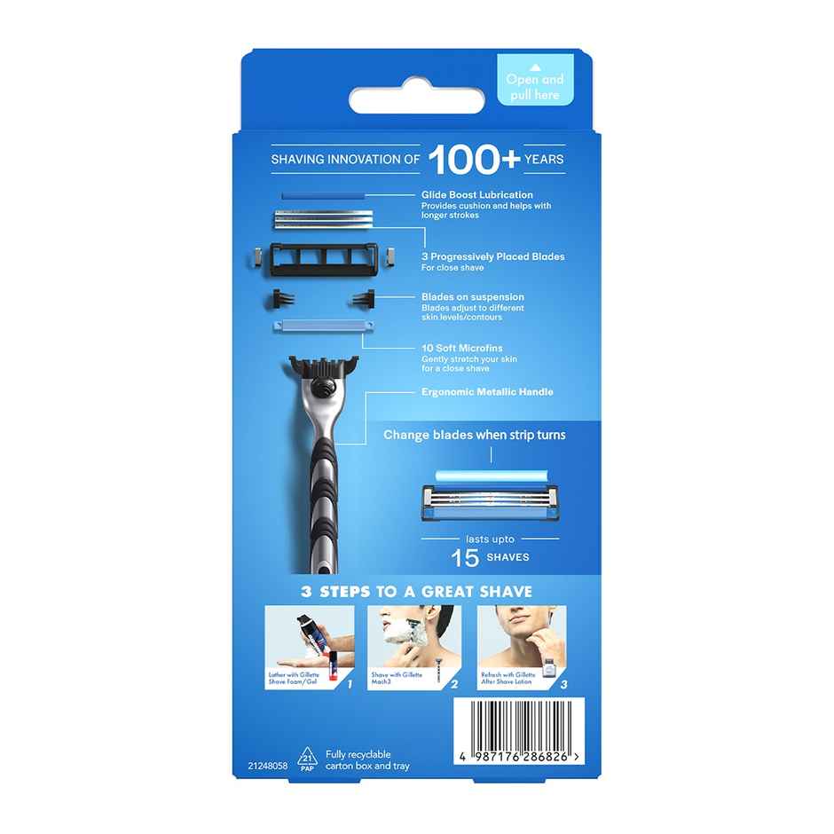 Gillette Mach 3 Razor for men (1 Handle+ 2 shaving blades) + Regular pre shave foam(50gm) combo.