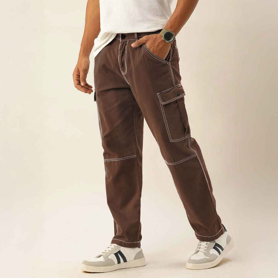 Bene Kleed Men's Relax Fit Contrast Stitch Cargo Trouser | Chocolate Brown - 28