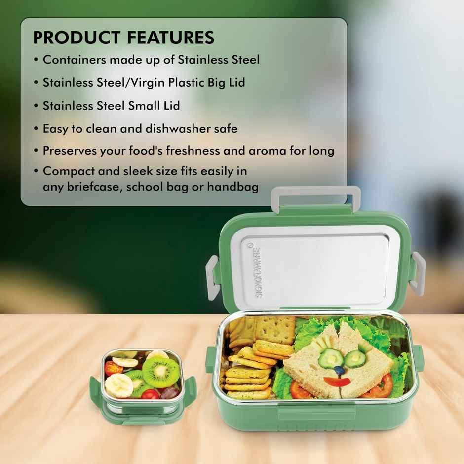 SignoraWare Buster Steel Lunch Box | 850ml + 130ml | E Green