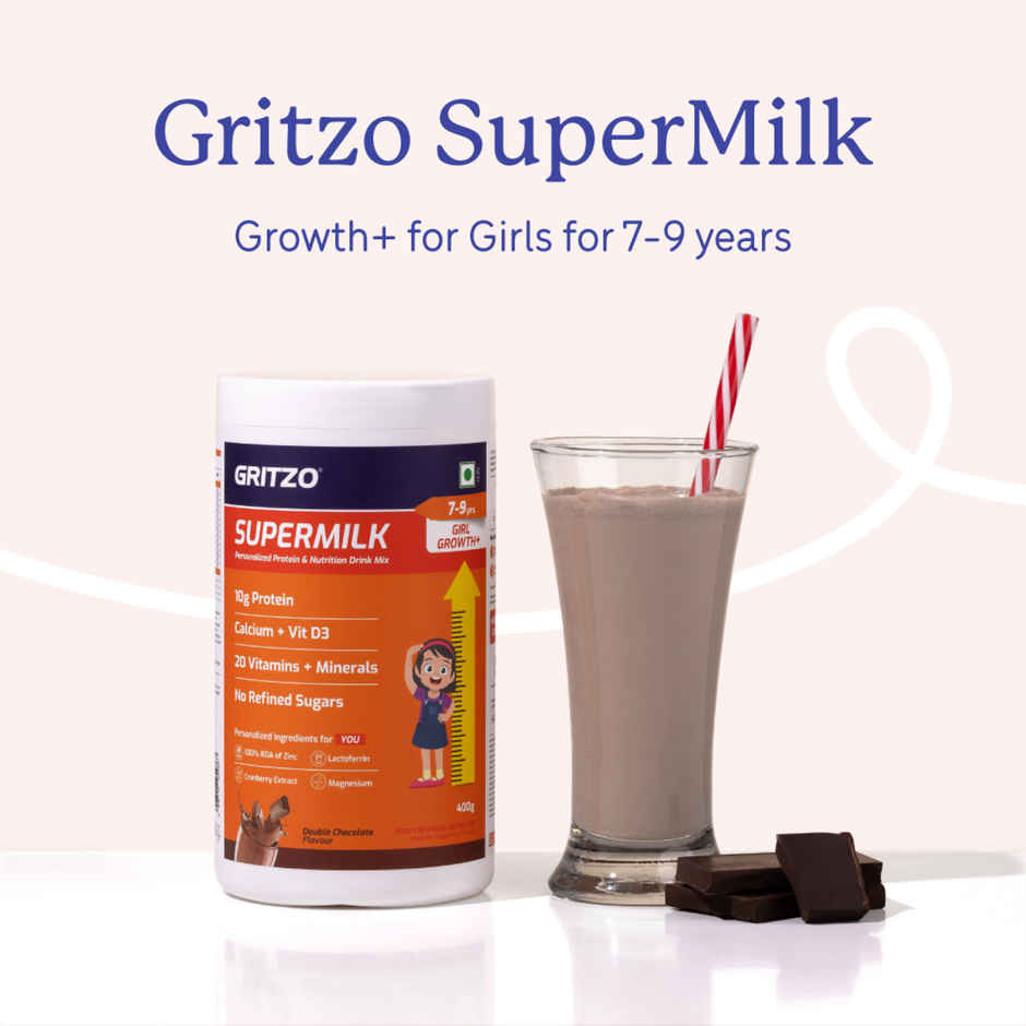 Gritzo Supermilk Growth+ (Formerly Height+) (7-9 Yrs Girls) | Double Chocolate, 12 Scoops