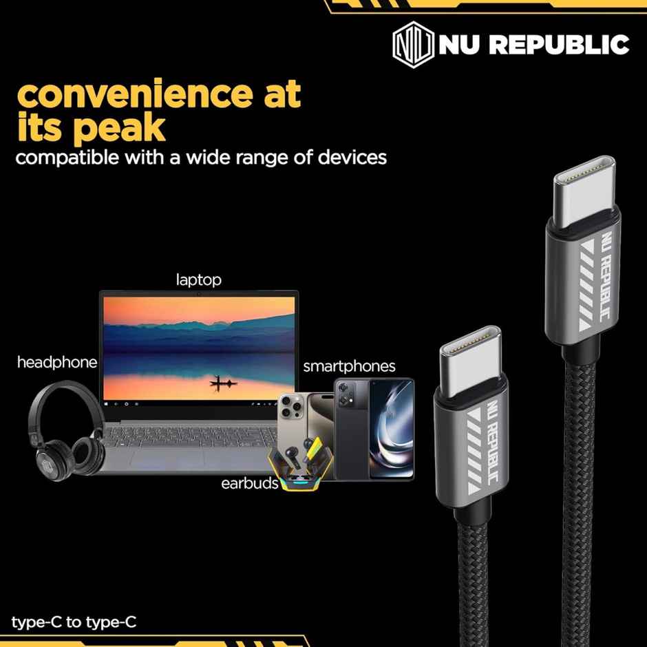 Nu Republic Blaze Flash 65W Type-C to Type-C Fast Charge Cable (Compatible with Mobile, Tablet, Laptop, One Cable),Type C 1.25 m - Grey