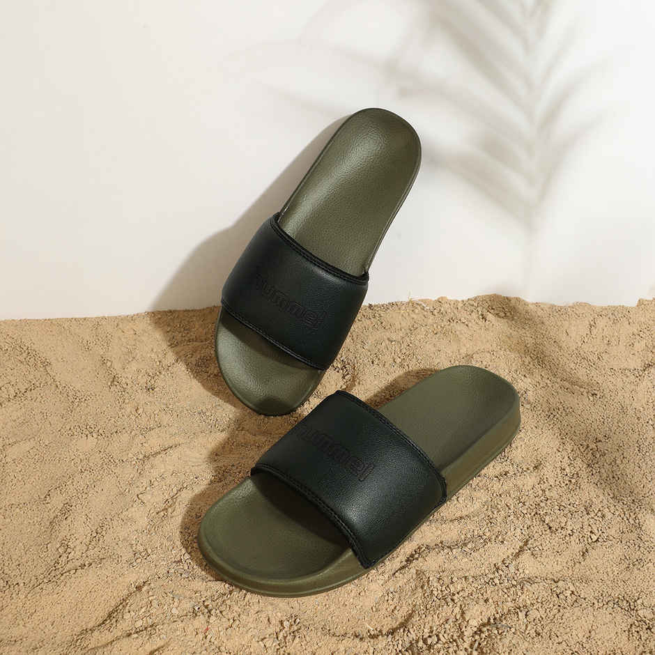 hummel Classic lightweight slides for Men with Cushioned Sole and Arch Support | Green & Black | 9