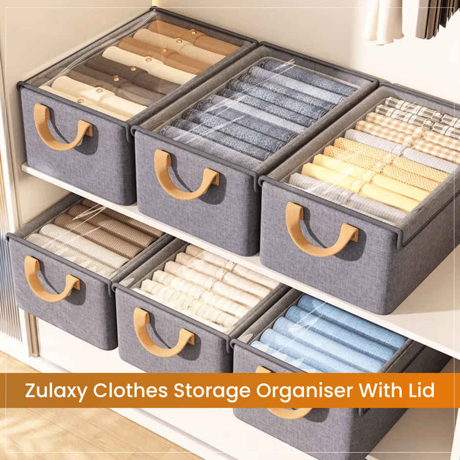 Zulaxy Foldable Fabric Storage Organizers with Lid for Clothes & Multipurpose Use | Grey