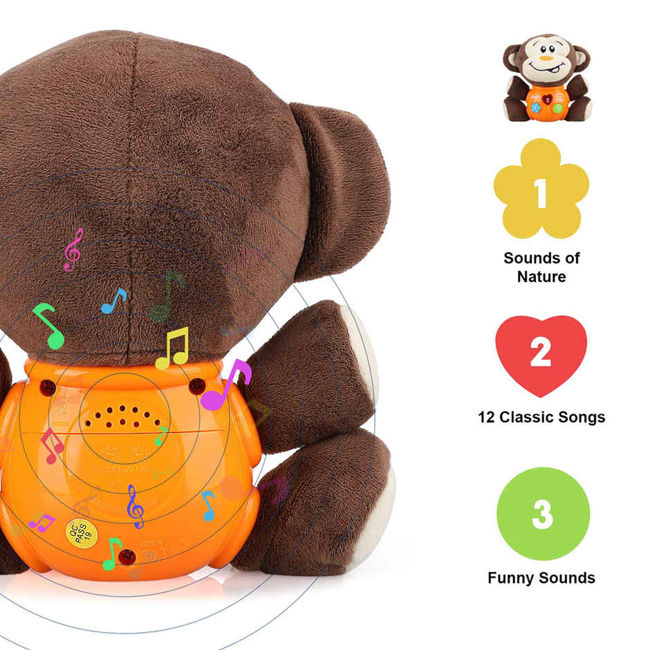 Toyshine Stuffed Musical Monkey With Lights | Educational Toy For Infants | Above 6 Months Age