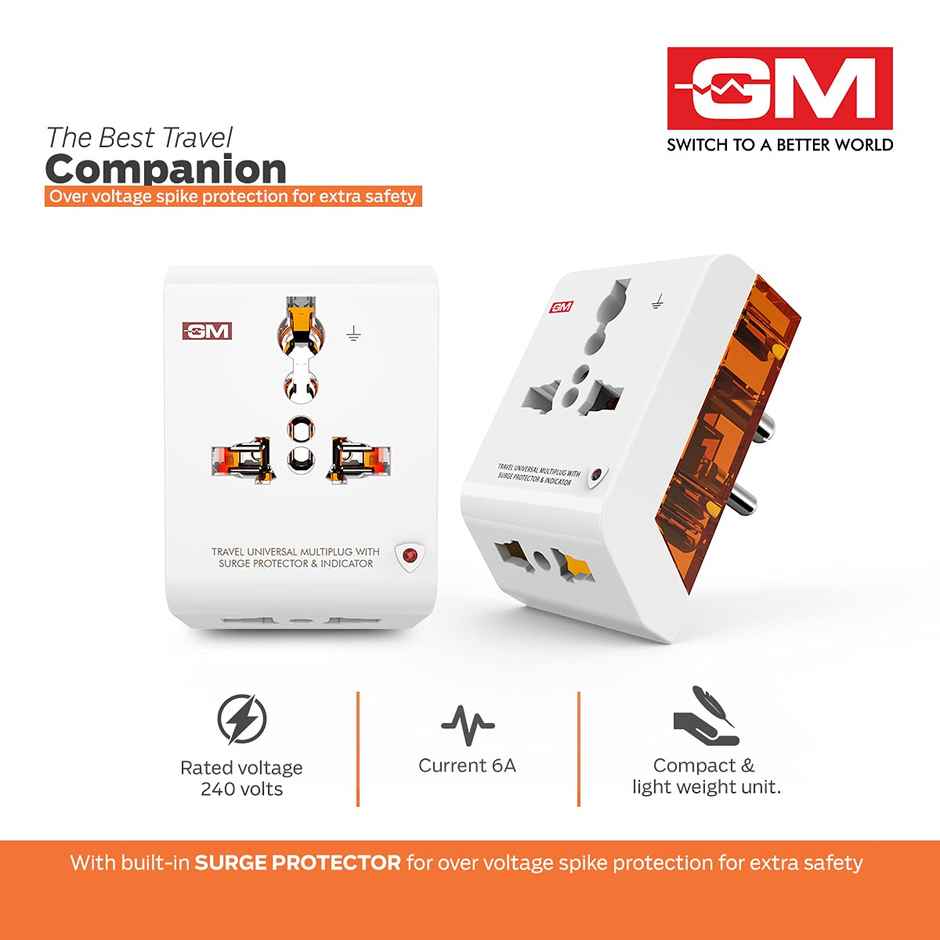 GM 3012 3 Pin Travel Universal Multi Plug Adaptor with Surge Protector and Indicator White