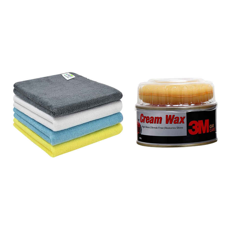 Softspun Microfiber Cleaning Cloths (220 Gsm, 40X40 Cm, 4Pc, Multicolor/Assorted) (4pc) & 3M Cream Wax For Car | Restores High Gloss And Shine | Safe On Paint (220g) Combo