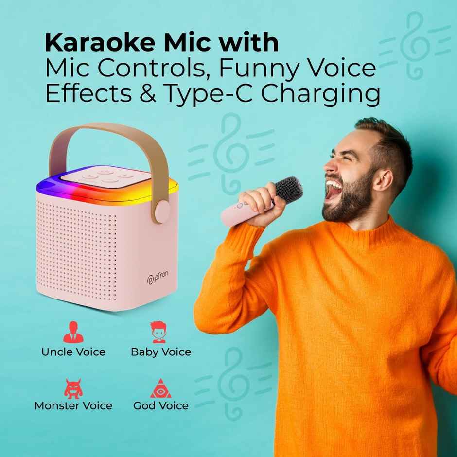 pTron Fusion Tunes 10W Bluetooth Speaker | Wireless Karaoke Mic | RGB Lights | 8Hrs Playtime - Pink
