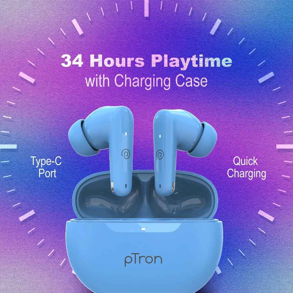 pTron Bassbuds Astra TWS Earbuds | 34H Playtime | Clear Calls | Immersive Sound & Voice Assist - Light Blue