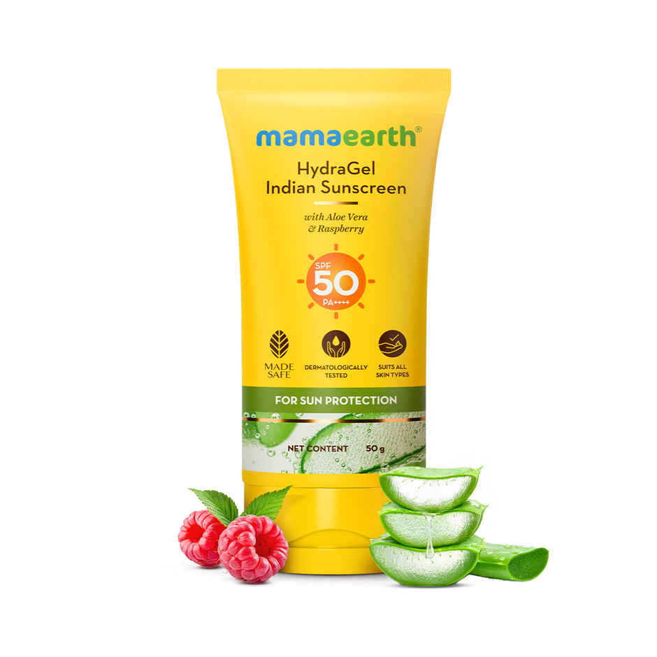Mamaearth HydraGel Indian Sunscreen SPF 50, with Aloe Vera & Raspberry for Tan Protection