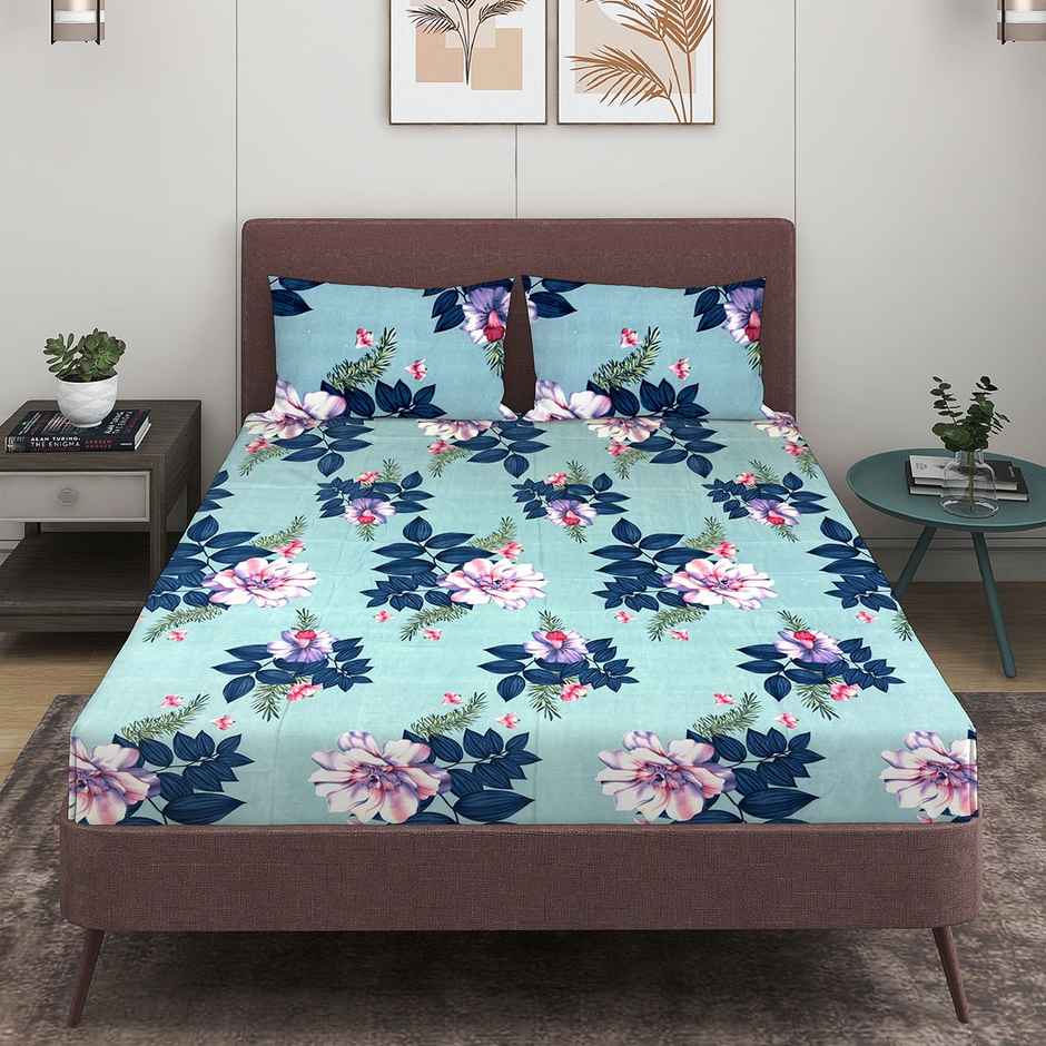 Romee Blue Flowers Printed Cotton Double Bedsheet with 2 Pillow Covers