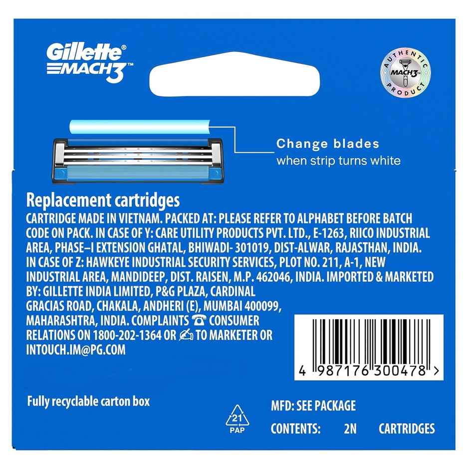 Gillette Mach 3 Shaving Razor Blades For Men (2 Cartridges) Combo   