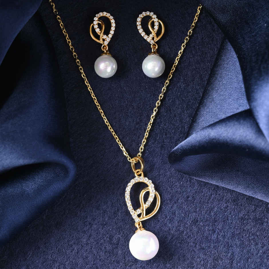 Clara 925 Sterling Silver Zahab Pearl Interlocked Pendant Earrings Chain Necklace Jewellery Set