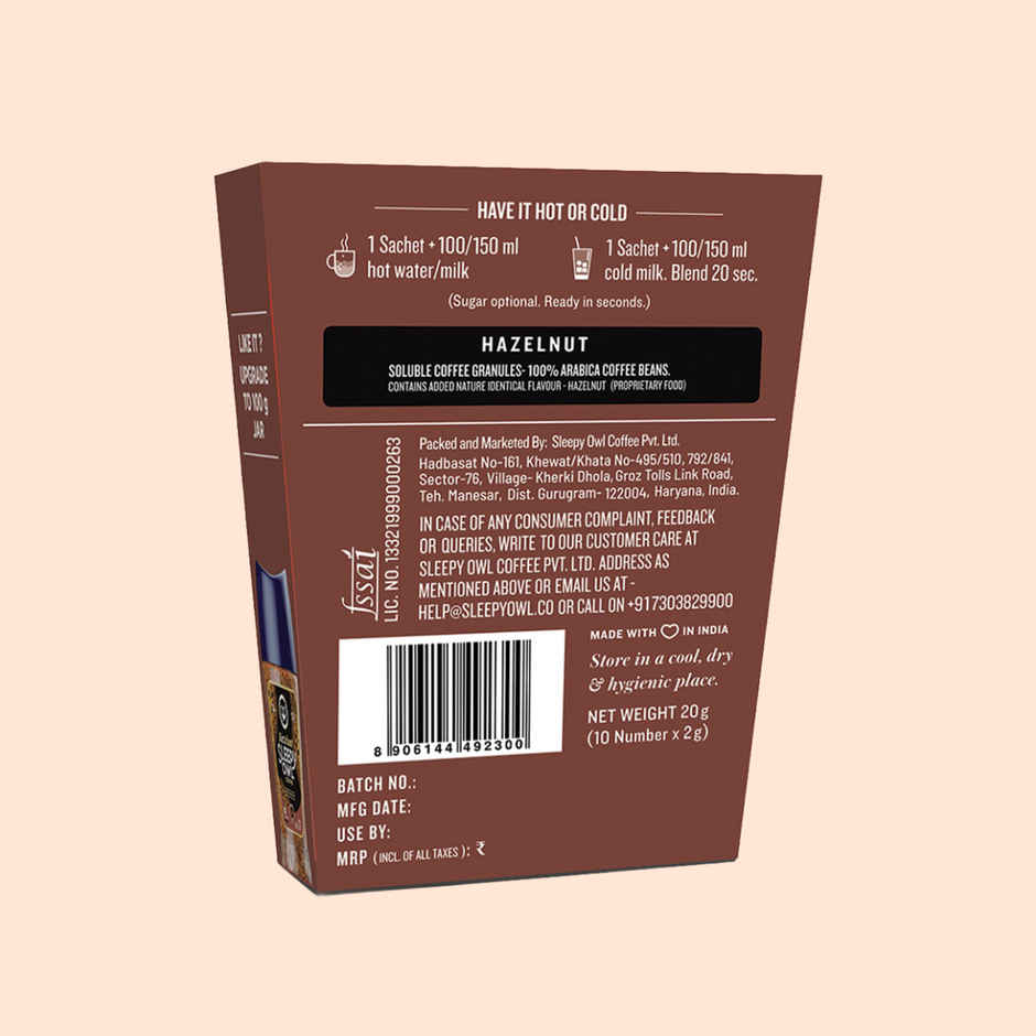 Sleepy Owl Hazelnut Pure Arabica Instant Coffee Sachets