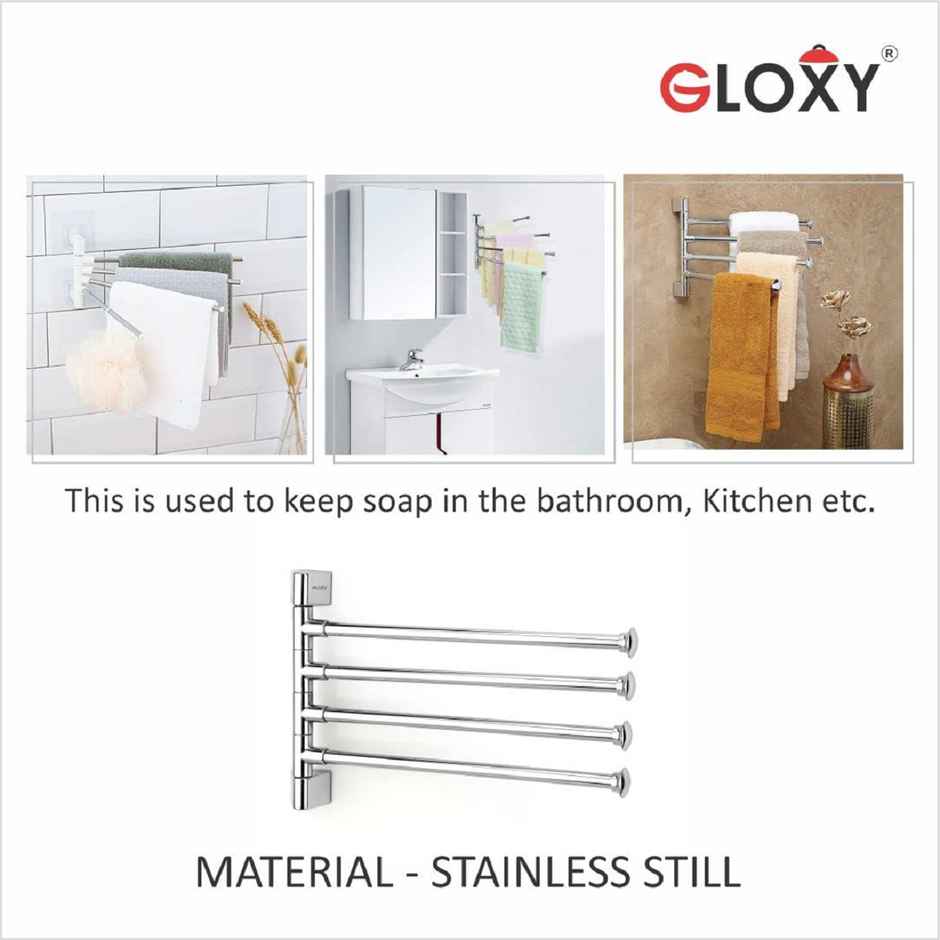 GLOXY Stainless Steel 4 Bar Swing Hanger Towel Rack for Bathroom & Kitchen Stand for Wash Basin