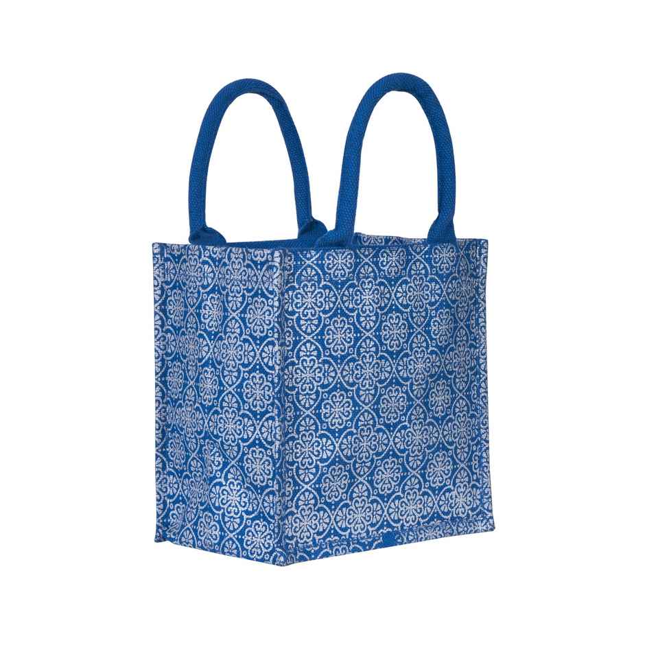Jute Cottage Carry Bag - Mughal Print Zipper Lunch Bag | Eco-friendly | Blue | 10 x 10 x 7