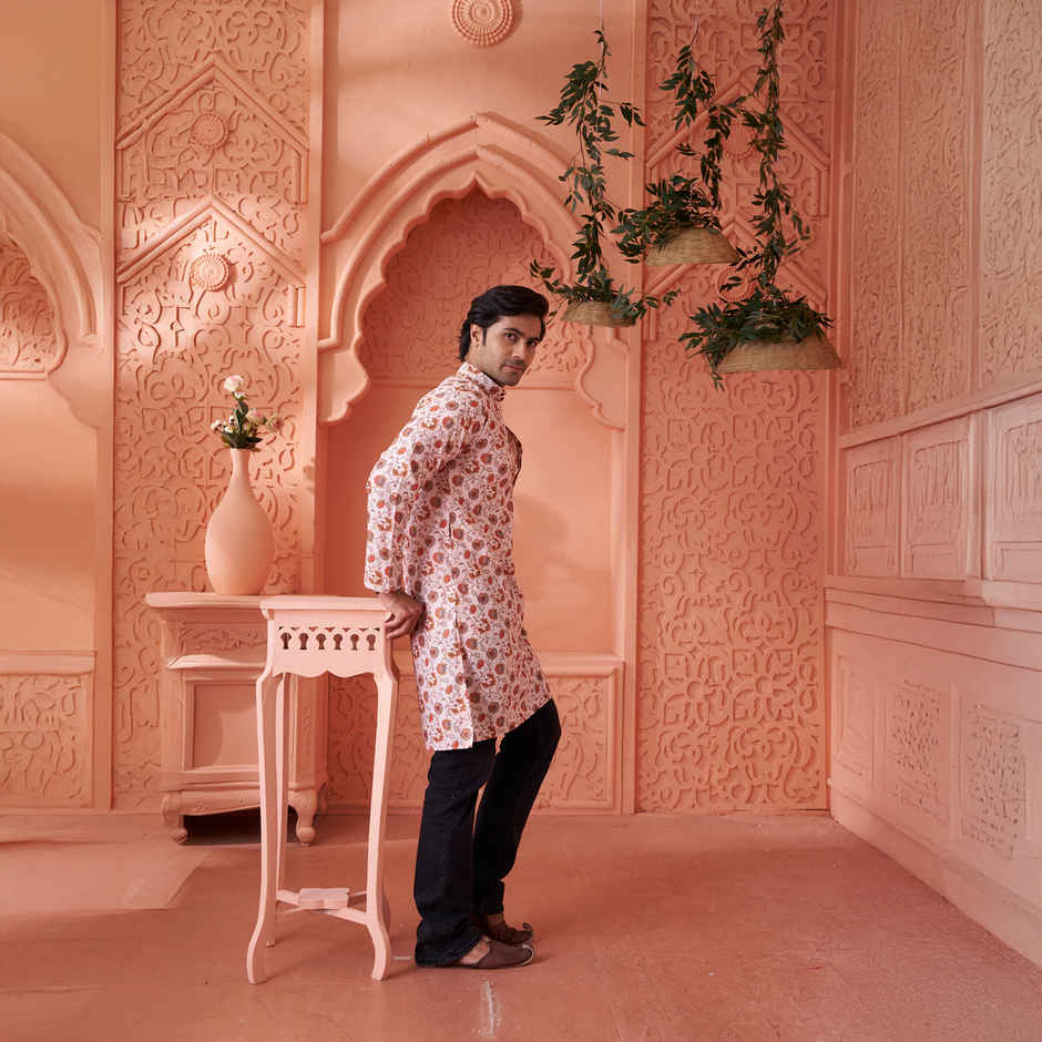 House Of Festivals Men's Printed Cotton Blend Long Kurta | Cream - L