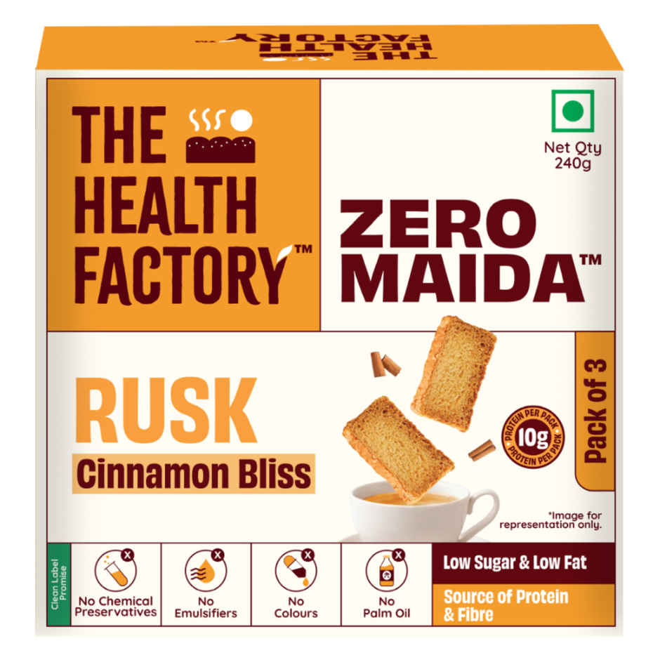 The Health Factory Rusk Cinnamon Bliss | Zero Maida | Source of Protein & Fibre | Wheat Rusk Toast | Tea Time Snack