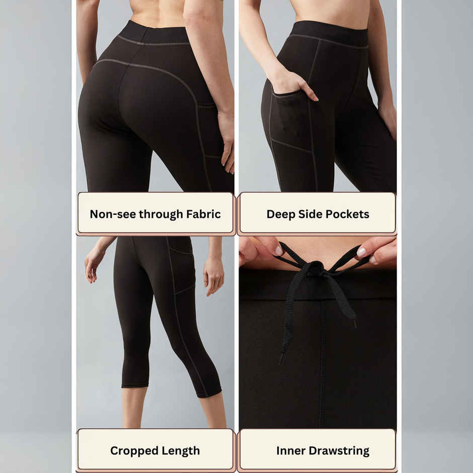 Blinkin Women's 3/4 Gym Tights - Black | Grey | With Side Pockets | Perfect For Yoga | XXl