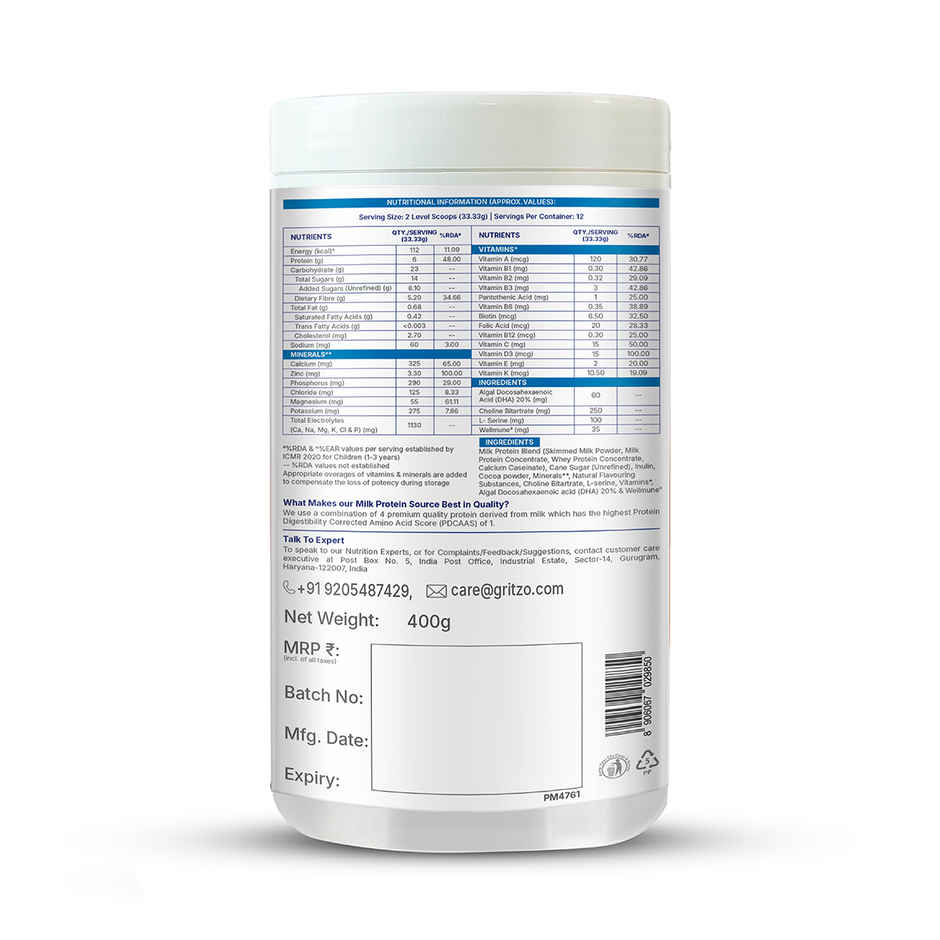 Gritzo SuperMilk Overall Growth | 2-6y Boy & Girl | 6g Protein Powder | Double Chocolate