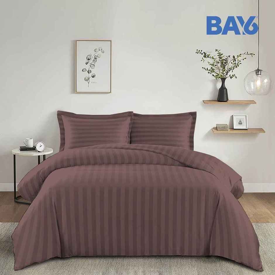 BAY6 Microfibre Solid Stripe Double Bedsheet - Brown | 220 x 240 cm + Two Pillow Covers