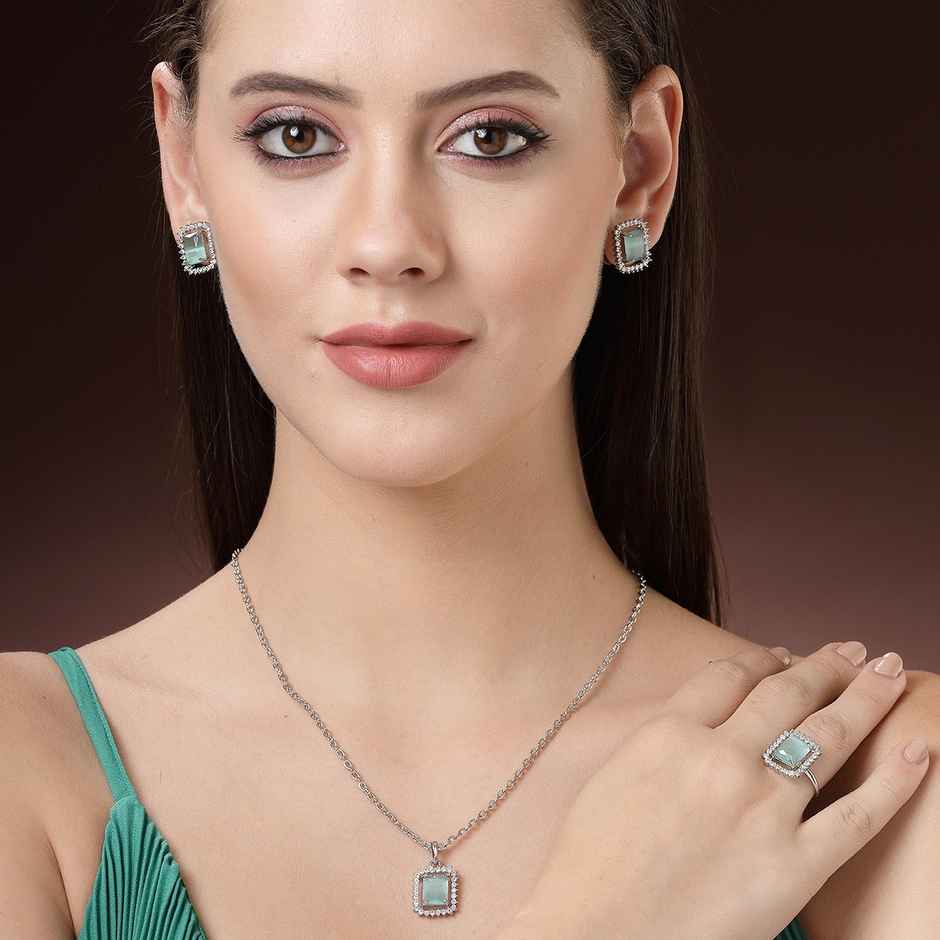 Zeneme Rhodium Plated Sea Green AD Studded Princess Cut Crytsal Necklace Earring Ring For Women