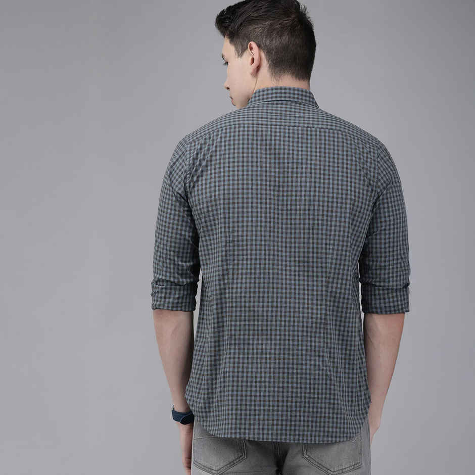 The Bear House Men Slim Fit Checked Button-Down Casual Shirt - Garo | Teal Blue | M