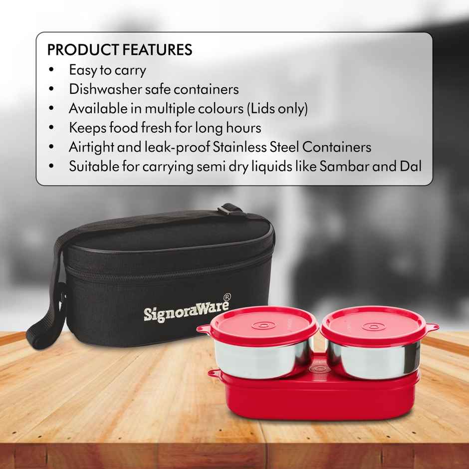Signoraware Double Decker Steel Lunch Box Food Grade Stainless Steel Red