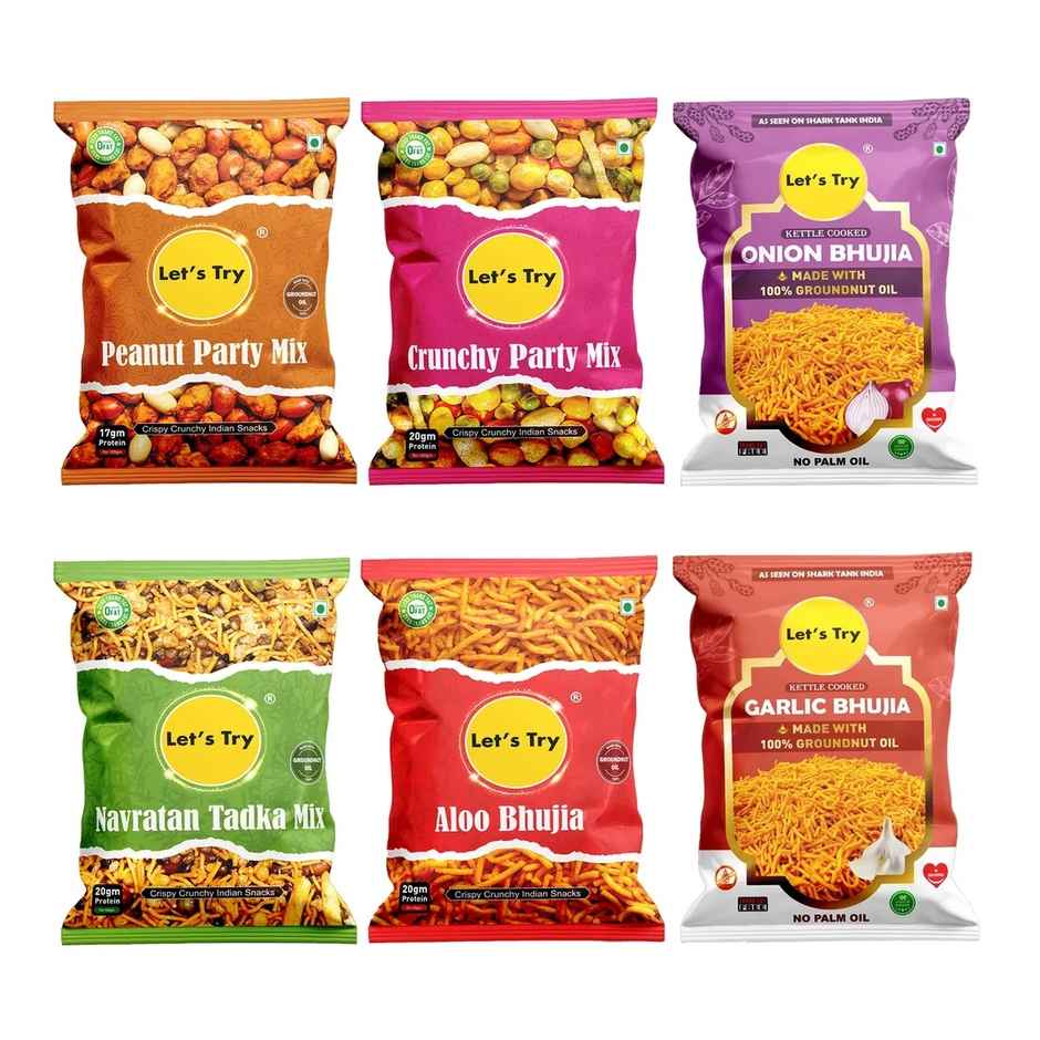 Let's Try Namkeen Combo Pack Of 6 | Crunchy Party Mix Peanut Party Mix Aloo Bhujia