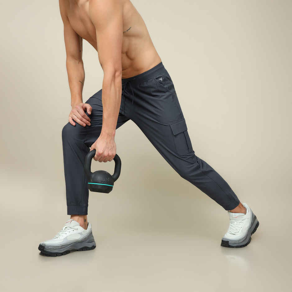 Technosport Men Poly Solid Slim Fit Sports Cargo Joggers with DURACOOL+ | Carbon Grey | M