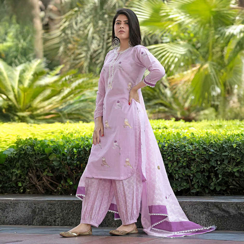 GoSriKi Women's Rayon Blend Straight Embroidered Kurta with Pant & Dupatta | RAGSRI | Purple - XL