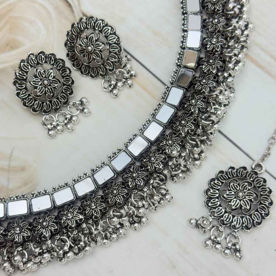 The Opal Factory Silver Oxidised Ghungroo | Flower Design Choker Necklace | Earrings | Mangtika -M