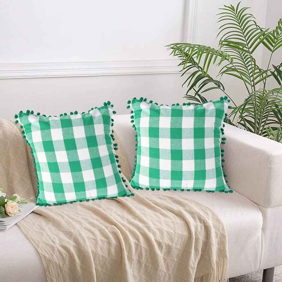 Lushomes Cotton Cushion Covers - Green/White Checks | 16 x 16 inch | Pom Pom