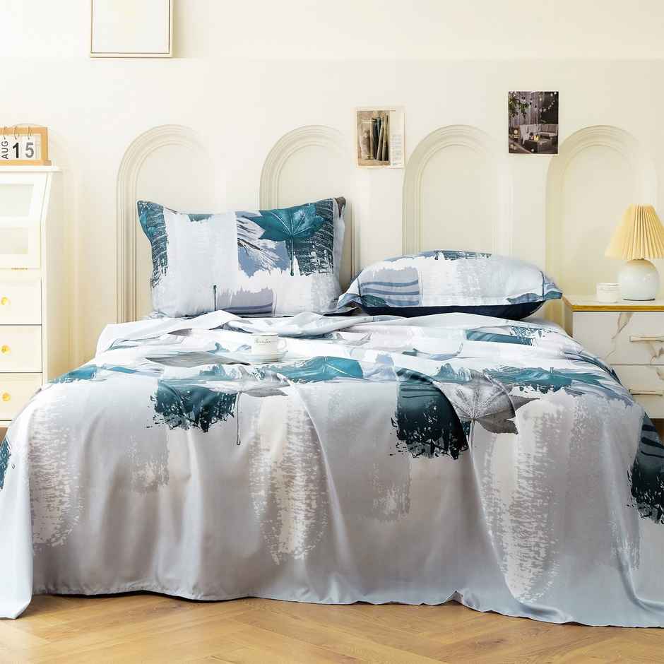 Story@home 240 TC Microfiber Double Printed Flat Bedsheet White & Grey | Floral