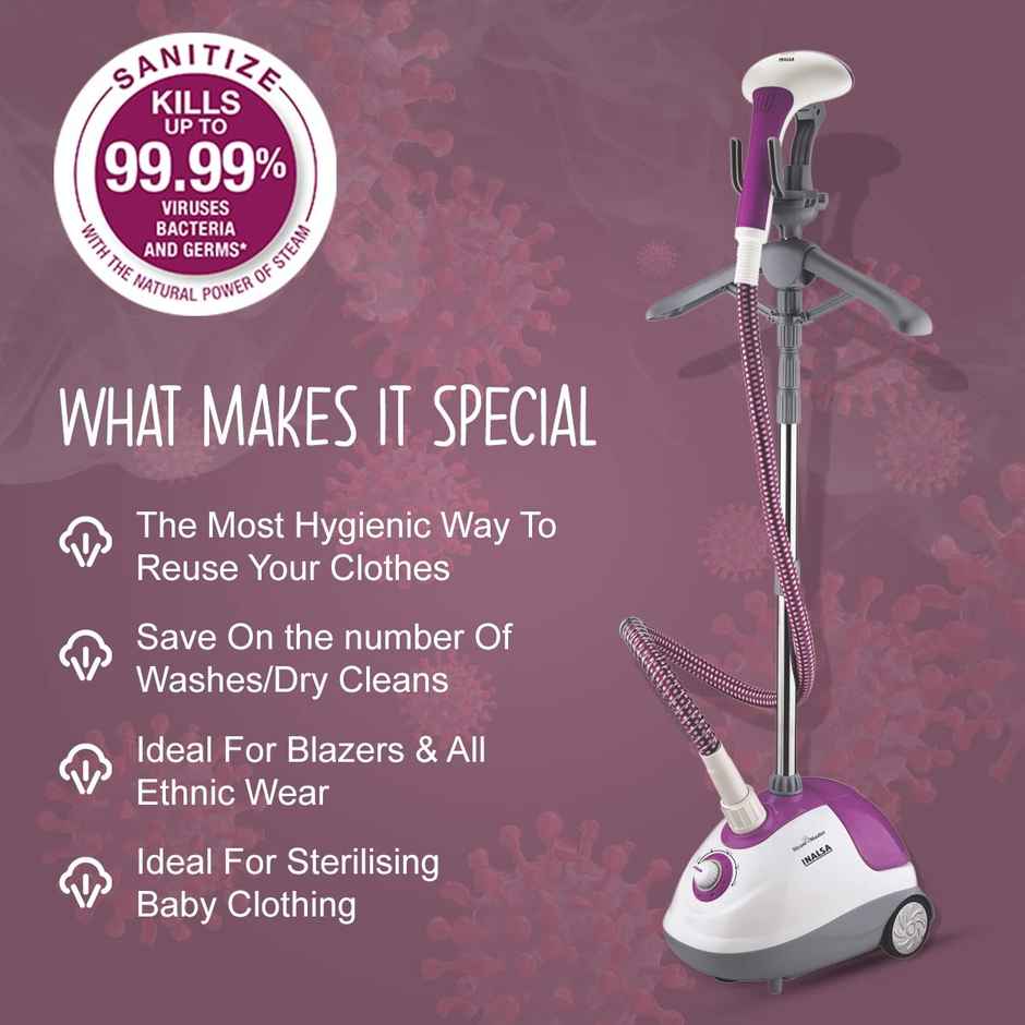 INALSA Standing Garment Steamer Steam Master 1700 W,Variable Control Knob,1.5L Detachable Large Tank