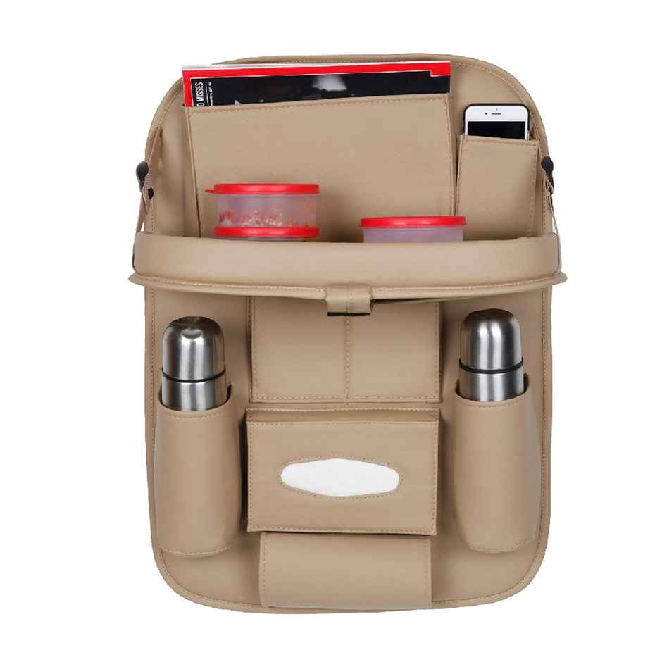 Autofurnish 3D Car Seat Back Multi Pocket Storage Bag Organizer with Car Meal Tray | Beige