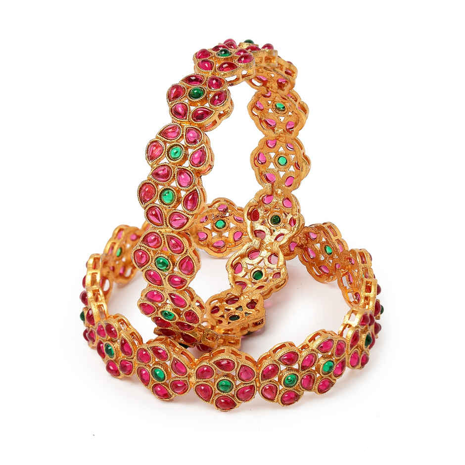Sukkhi Floral Gold Plated Red And Green Broad Bracelets Bangle Set Jewellery for Women - 2.8