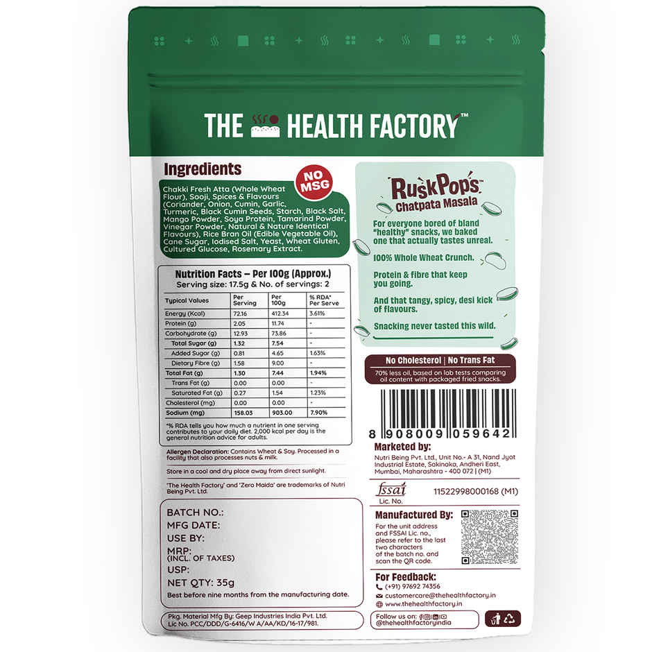 The Health Factory Rusk Pops- Chatpata Masala (Zero Maida)