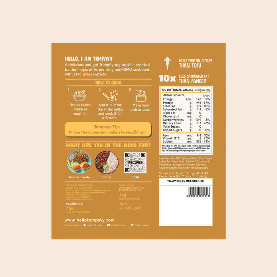 Hello Tempayy 40g Protein Masala Tempeh Cubes |Low Fat & High Fibre