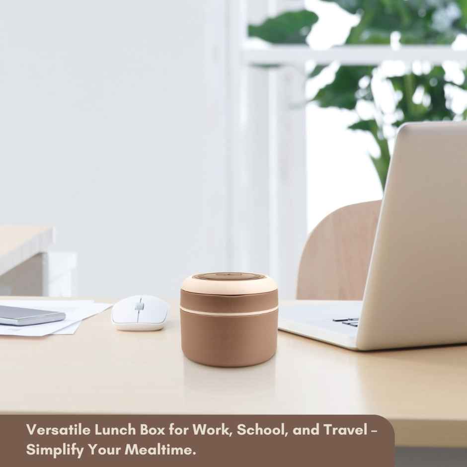 Flair Feast Lunch Box Set Beige Insulated Portable Container With Handle Attractive Spoon Carry Lid