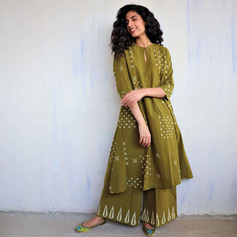 GoSriKi Women's Viscose Rayon Straight Printed Kurta with Palazzo | CHAURYA | Mehandi - M