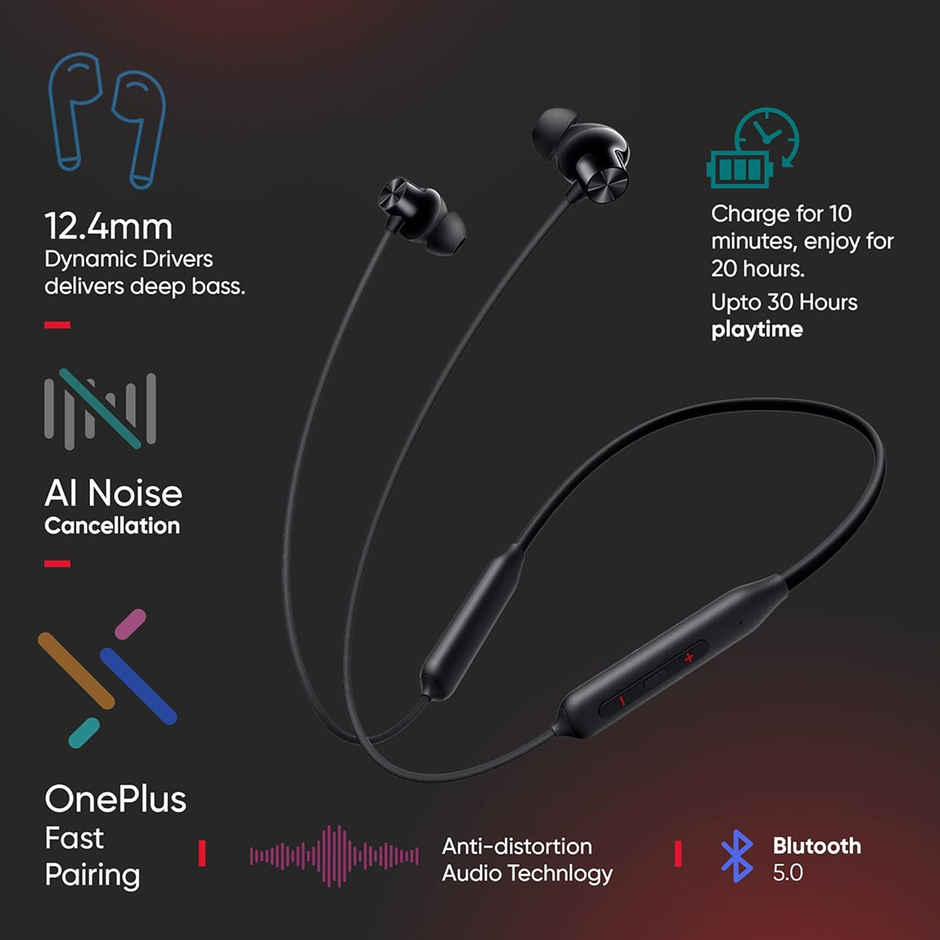 OnePlus Bullets Z2 Bluetooth Wireless in Ear Neckband with Mic, Bombastic Bass - 12.4 Mm Drivers, 10 Mins Charge - 20 Hrs Music, 30 Hrs Battery Life - Magico Black