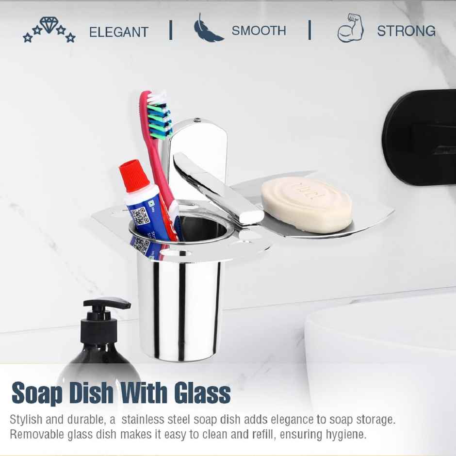 GLOXY Stainless Steel Soap Holder for Bathroom Wall Mounted Soap Dish Stand with Glass SS202
