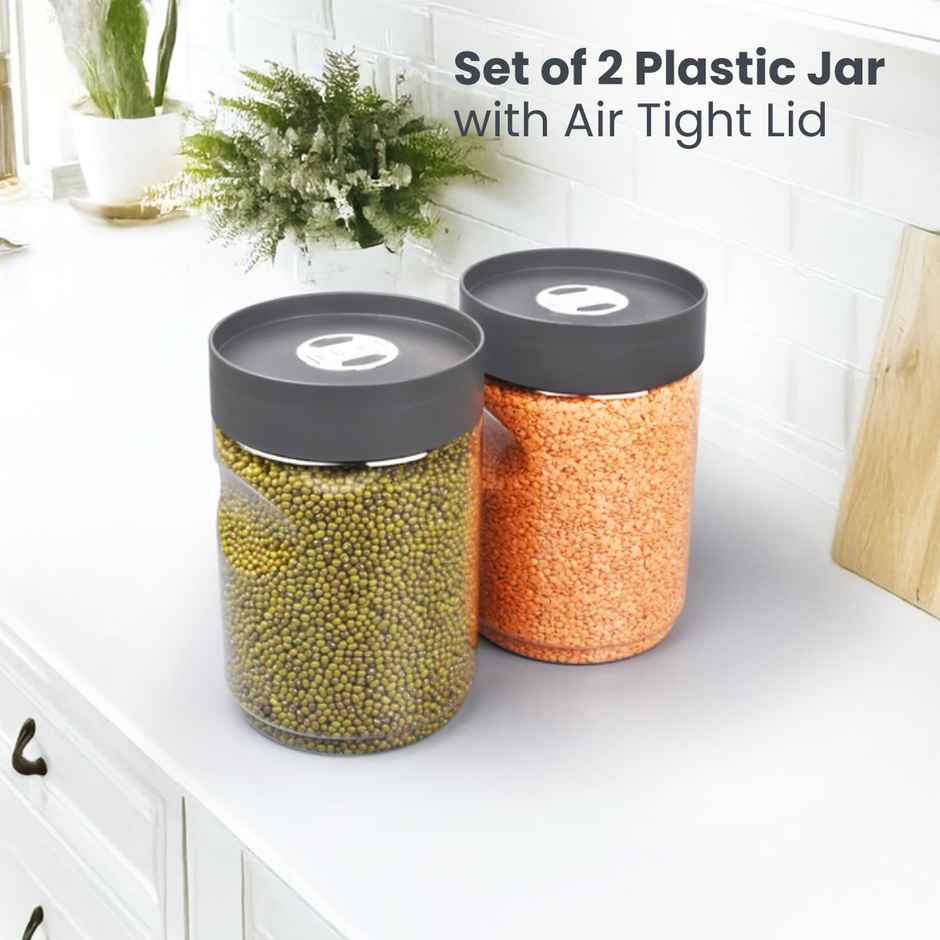 Flair Plastic Stackup Pet Jar Set Of 2 Pcs 2000 ml (Gray), Transparent