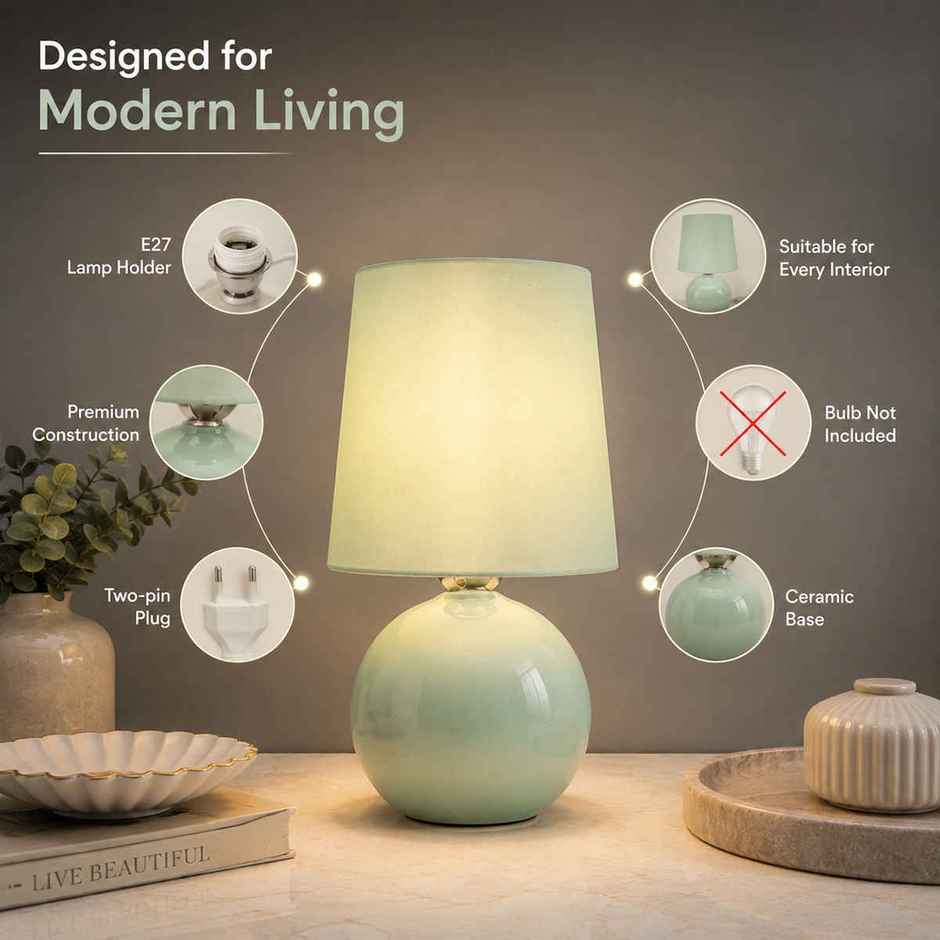 Homesake Ceramic Bedside Lamp with Mint Green Fabric Shade