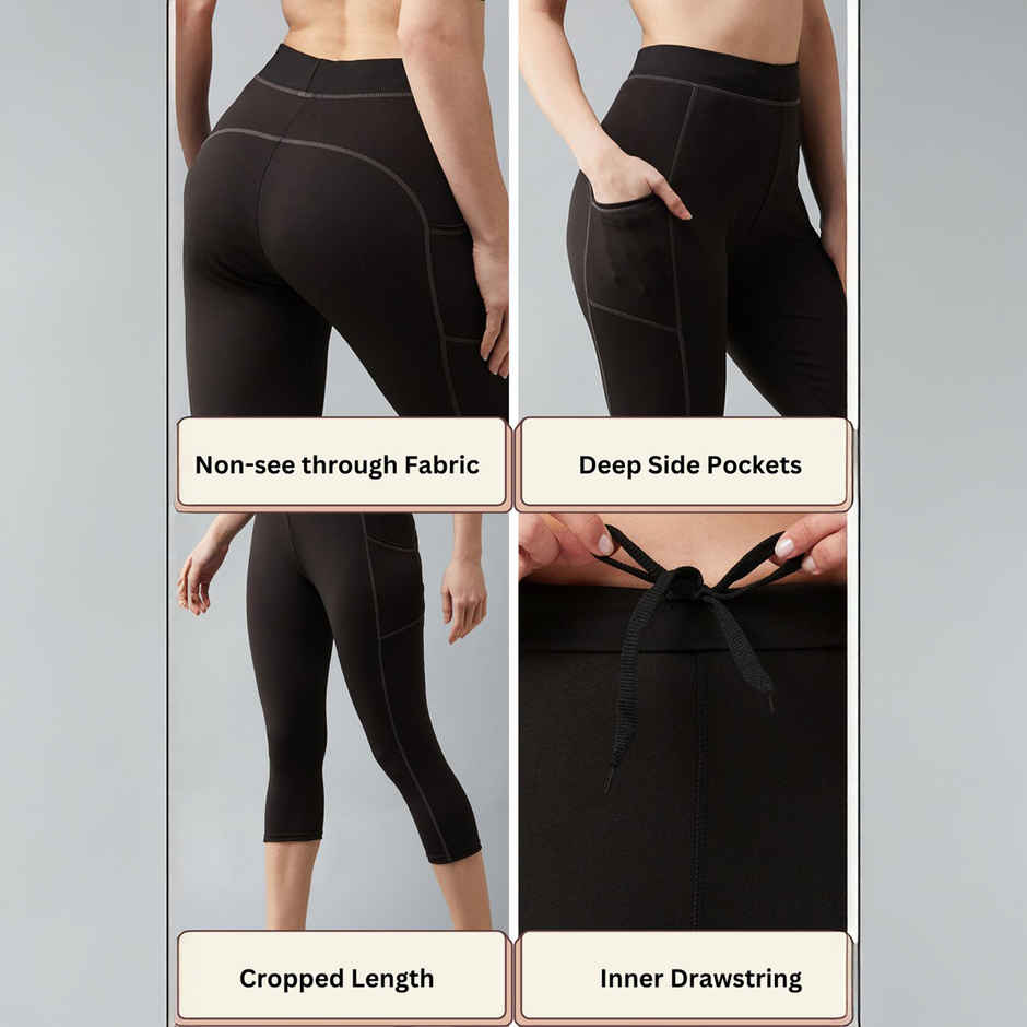 Blinkin Women's 3/4 Gym Tights - Black | Grey | With Side Pockets | Perfect For Yoga | L