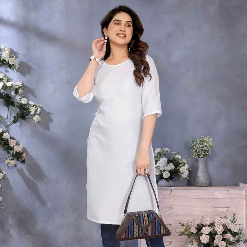 Riglozi White 3/4 Sleeves Cotton Made White Long Round Neck Regular wear Kurti for Women | L