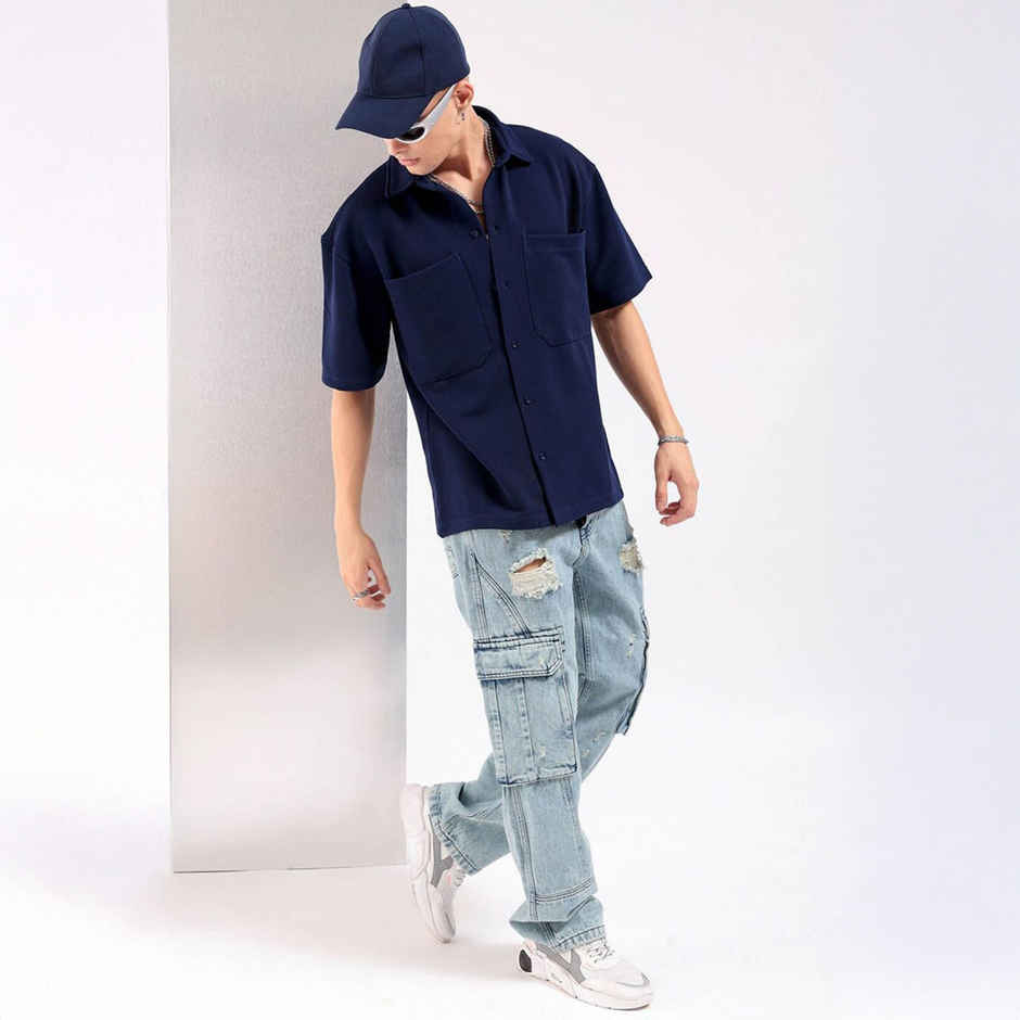 The Indian Garage Co Men's Boxy Fit Solid Casual | Navy Blue | XL