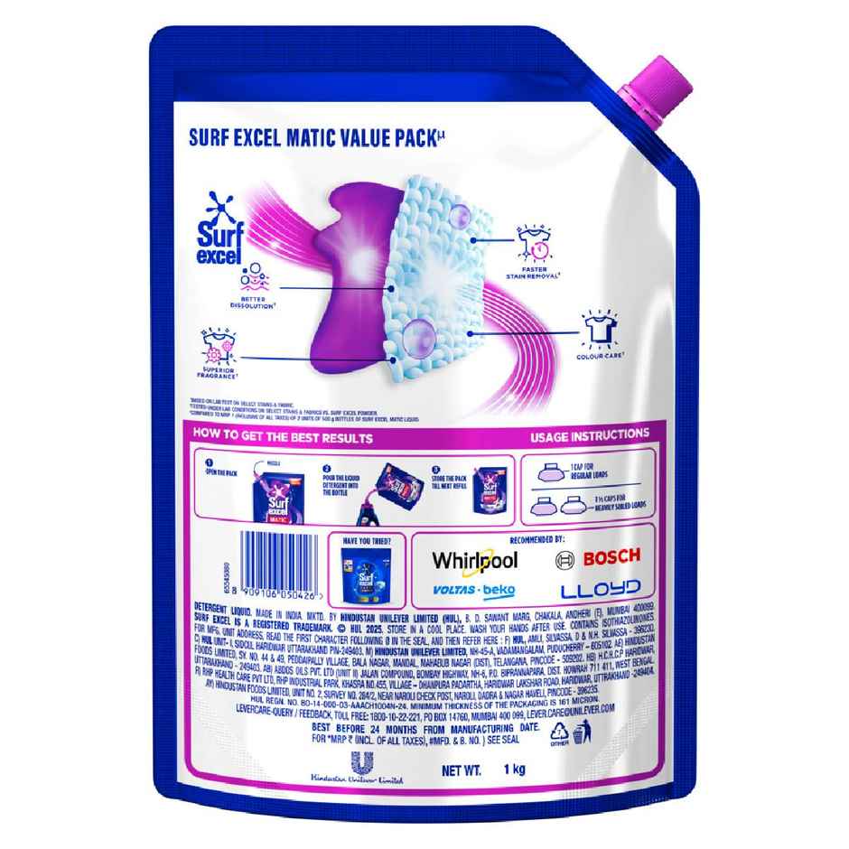 Surf Excel Matic Liquid Detergent | Faster Stain Removal | For Front Load Washing Machines